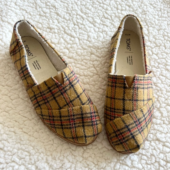 Toms Mustard Wooly Plaid Sherpa Shoes Alpargata Slip On Fall - Picture 9 of 9